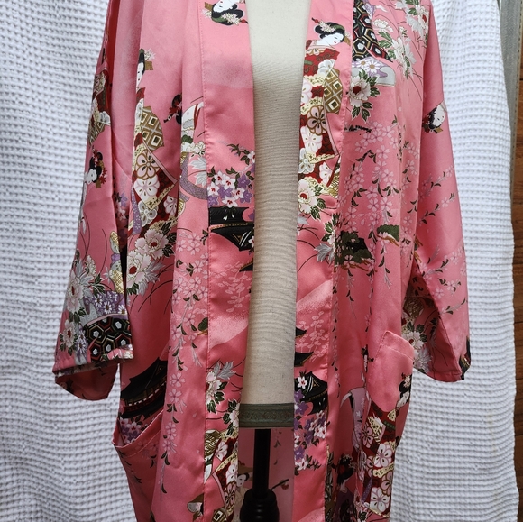 Vintage Made in Japan Bold Floral Kimono Dressing Gown Robe Coat OS Polyester - Picture 15 of 16